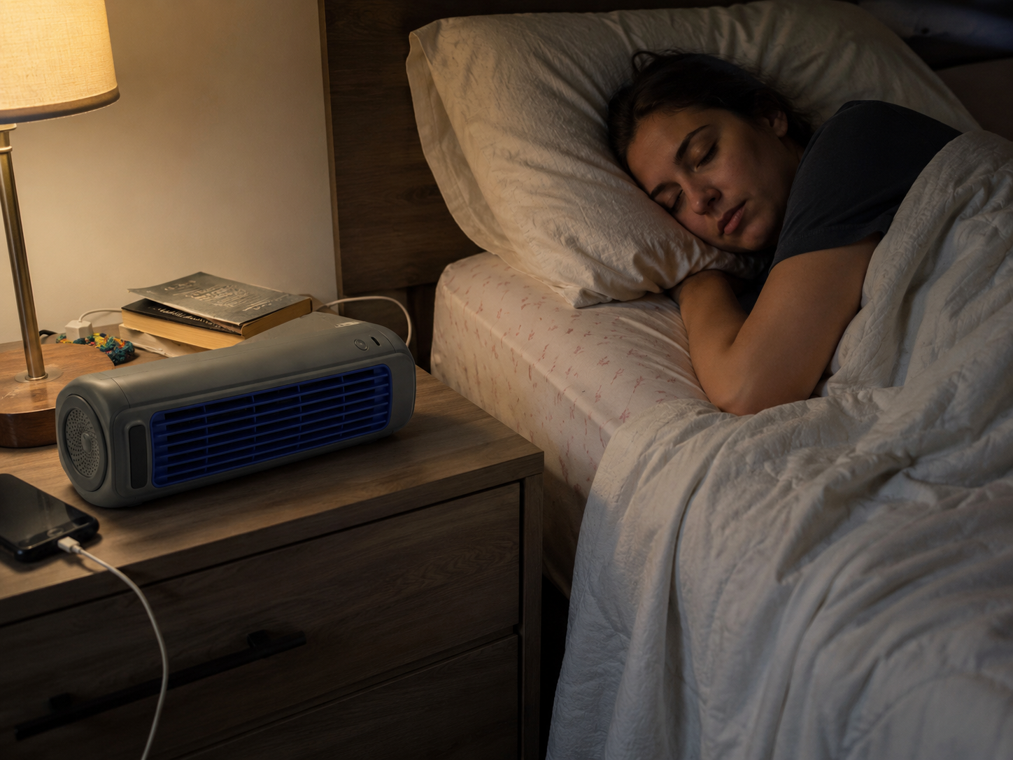 Woman sleeping with Froza AC on the bedside table