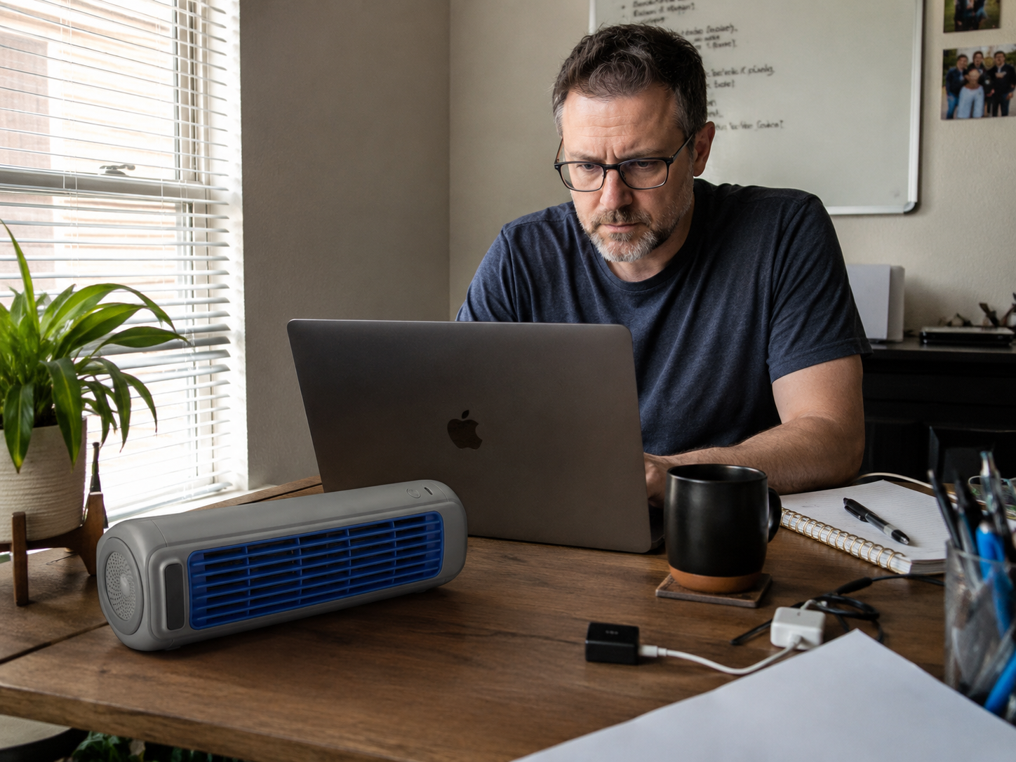 Man working from home with Froza AC beside his laptop